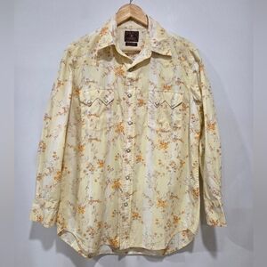 VINTAGE Lucky Brand Shirt Western Sawtooth Pearl Snap Ditsy Floral Yellow Mens M